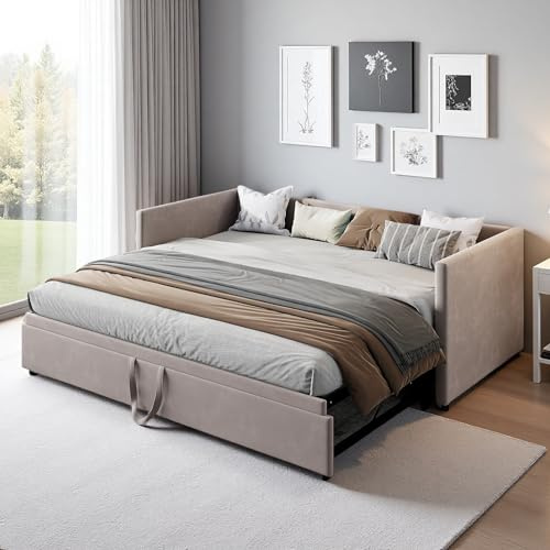 KRYZOR Tagesbett Ausziehbar, Polsterbett Schlafsofa 90/180x200 cm mit Lattenrosten, Schlafcouch Ausziehbar, Daybett, ausziehbares Bett, Samtstoff, Ohne Matratze (Grau)