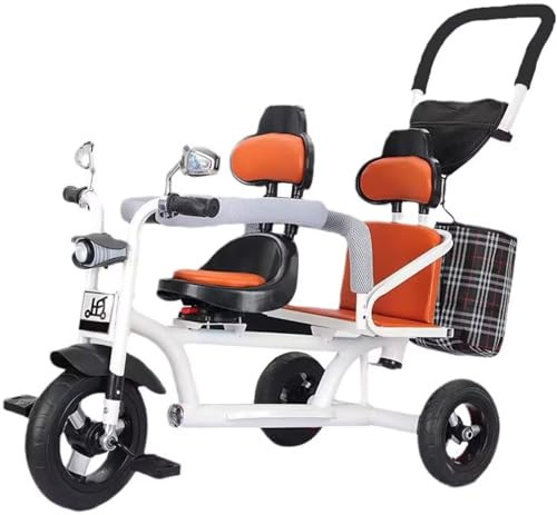 LSQXSS Tricycle Tandem avec Phare pour garçons et Filles de 3 à 8 Ans, tricycles Jumeaux pour Enfants avec poignée de poussée parentale, Poussette à Deux sièges,Roue en Titane