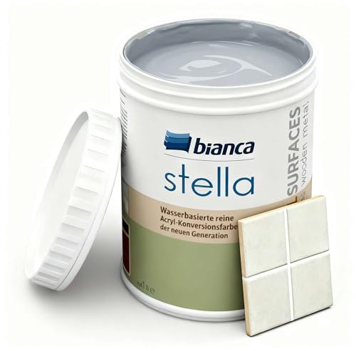 Bianca Stella Fliesenfarbe Ohne Schleifen - Wasserbasierter Parfümierter Fliesenlack für Badezimmer, Küche, Bodenfliesen, Wandfliesen - Nebelgrau, Glänzend, Kratzfest, Hochdeckend, 1000ml
