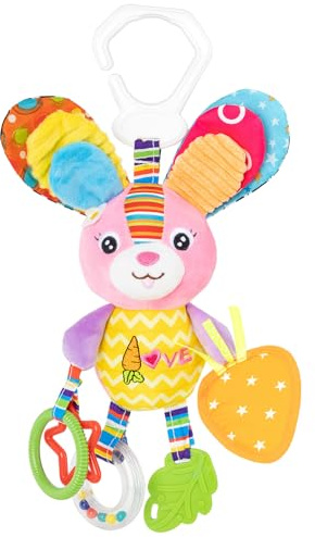 Funsland Giocattolo Giochi Passeggino Neonato,Sensoriali Montessori Giochi per Passeggino 0 3 6 9 Mesi, con Sonagli, Specchio, Massaggiagengive,Neonati Peluche Regalo Bambino Bambini 1 Anno,Coniglio