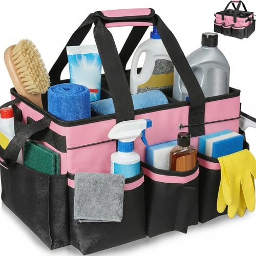 Exquilnova Cleaning Caddy with Handle,Large Tote Bag Organiser with Detachable Divider,Cleaning Bag with Adjustable Shoulder Strap,Cleaning Caddy Bag for Cleaning Supplies,Garden,Car,Home(Pink)