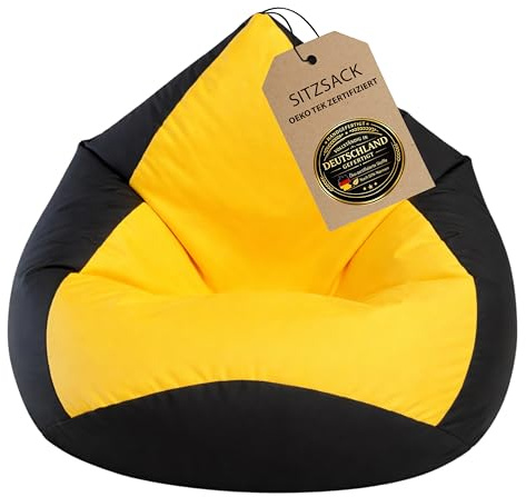 BuBiBag Sitzsack XXL Gaming – Bean Bag fertig befüllt – Oeko-Tex – wasserabweisend – Kinder & Erwachsene – schwarz-gelb – 120x95cm