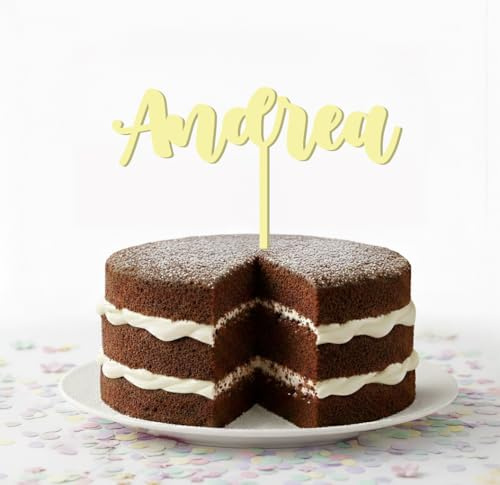 Cake Topper Personalizado en Metacrilato con Nombre para Tartas Cumpleaños Eventos Decoracion Acrilico Cupcake Comunion Regalo Boda Aniversario (Metacrilato Amarillo)