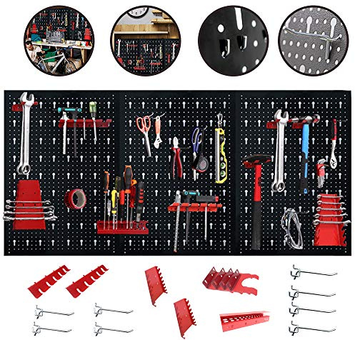 Yunvin Tool Pegboard, Perforated Metal Tool Panel with 17 Piece Hook Set, 120 x 60 x 2 cm, Wall Storage Board for Workshop or Garage, Black