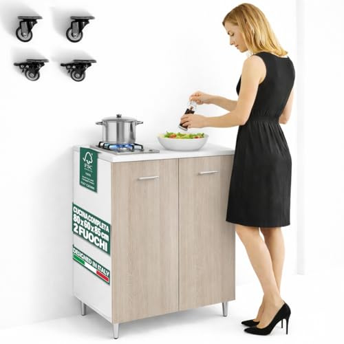 Shally Dogan Mobile Base da Cucina con Piano Cottura a Gas 2 Fuochi, 2 Ante, 80 x 60 x 85 cm, Piastre in Ghisa Resistenti, Montaggio con Piedini Fissi o Ruote, Kit Completo Monoblocco, Colore Olmo