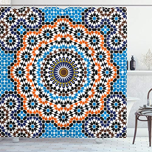 ABAKUHAUS Clásico Cortina de Baño, Baldosa cerámica marroquí, Material Resistente al Agua Durable Estampa Digital, 175 x 200 cm, Naranja y Azul