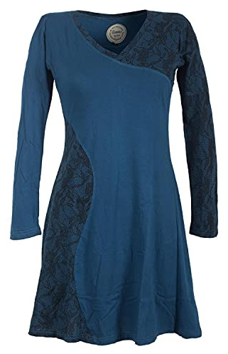 Vishes - Alternative Bekleidung - Asymmetrisches Damen Lagenlook Kleid Baumwolle mit Spitze Bedruckt türkis 36-38