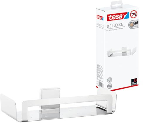 tesa DELUXXE Duschablage, verchromt - Duschkorb zur Wandbefestigung ohne Bohren, inkl. Klebelösung - 265mm x 55mm x 120mm