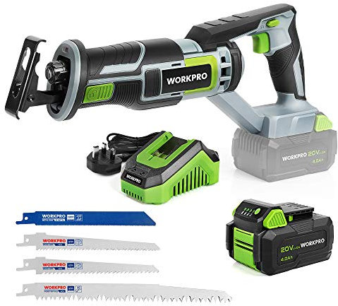 WORKPRO Cordless Reciprocating Saw, 20V 4.0Ah Battery, 25MM Stroke Length, Variable Speed, 4 Saw Blades Included for Wood & Metal Cutting