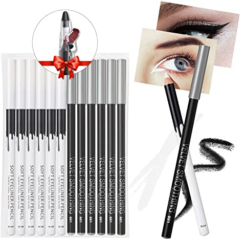 Erinde 12PCS Eyeliner-Stift-Set, 6 Stück schwarze + 6 Stück weiße | weicher schwarzer Eyeliner-Augenbrauenstift, wasserfest natürlich matt hypoallergen, weiße Eyeliner-Make-up-Stift
