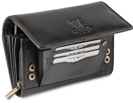 MATADOR Leder Geldbörse Damen Schwarz Groß #PRAG mit Geschenk Verpackung, Luxus RFID Portemonnaie Damen Gross, Brieftasche Frauen Viele Fächer, Edles Portemonnaie Leder Lang, Schwarz