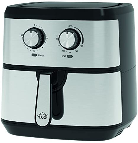 Freidora de aire DCG FR3506. 1800W, Cesta antiadherente con 7,5 litros de capacidad. Termostato regulable y temporizador. Dimensiones: 327x383x352mm. Peso 5.5kg