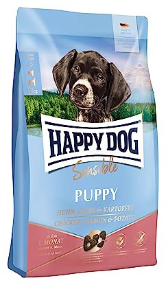 Happy Dog Sensible Puppy Huhn Lachs Kartoffel Welpen, 10 kg | Welpenfutter ab 4. Woche, weizenfrei, 86 % tierisches Protein, Großgebinde mit Lachs & Kartoffel