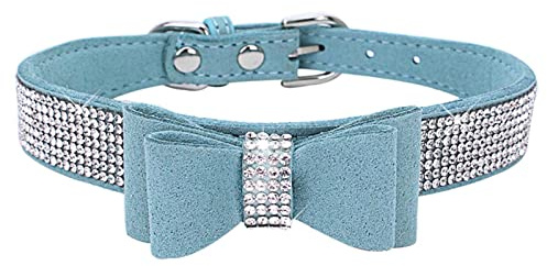 HALFSUMO Hundehalsband mit Strass süßes Strass-Hundehalsband Hunde Katzenhalsband mit Strass-Schleife Halsbandgeschirr für kleine und mittlere Hunde Kätzchen Blau XS CL164