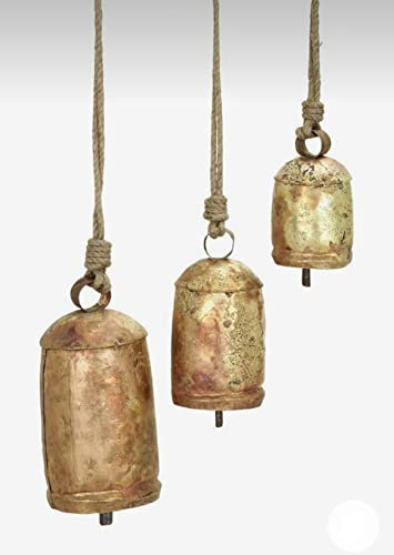 Dekorative Kuhglocke im Vintage-Stil mit Jute-Hängeseil, 3 Stück (12,7 cm, 10,2 cm, 7,6 cm Höhe), Gold