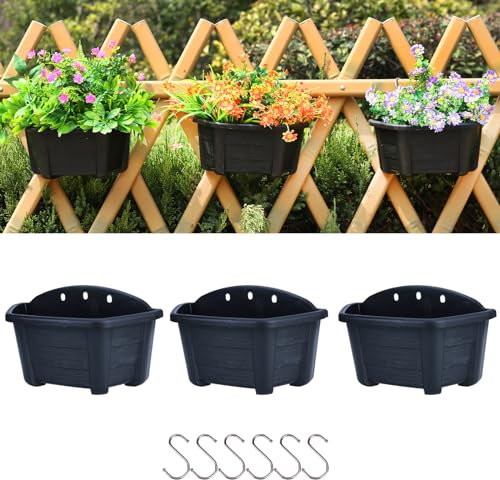 3 macetas colgantes de pared de 9.8 pulgadas, macetas colgantes de plantas, flores, cestas de plástico para balcón, valla, jardín, exterior e interior (color negro)