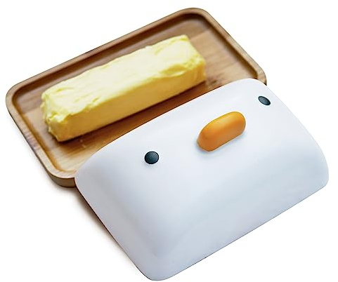 TULANDOT Beurrier de Canard pour Plan de Travail, Bol en Bambou Avec Couvercle en Porcelaine 18 x 12 cm, Grand bac à Plateau en Bois, pour 1 Pièce, Rangement Antidérapant