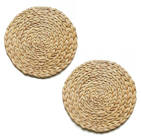 Teapro Set di 2 tovagliette rotonde in tessuto di giacinto d'acqua, tovagliette in vimini di lusso di qualità, realizzate a mano, in rattan naturale, accessori da cucina e sala da pranzo (33 cm)