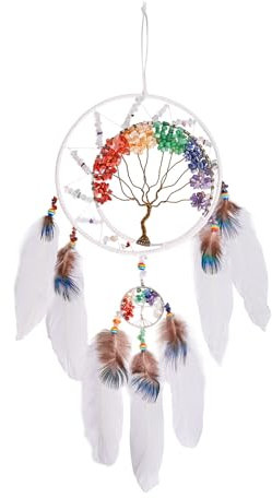 7 chakras blanco árbol de la vida atrapasueños decoración de pared con arco iris piedra cristal hecho a mano arte pluma atrapasueños colgante de pared adorno para dormitorio decoración bendición
