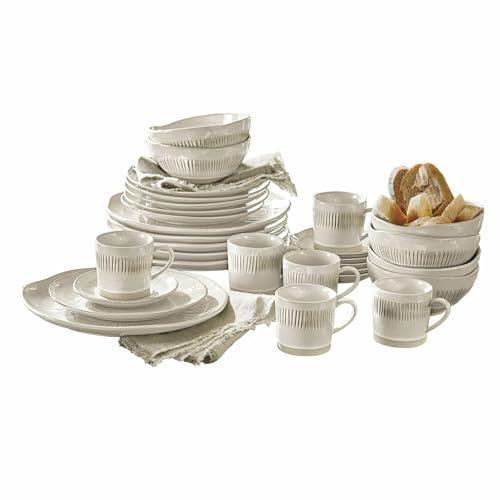 LOBERON Geschirr 30er Set Périers, creme | Unebenes Design - Rillenmuster - Handgetöpferte Optik - Tischaccessoires - Steinzeug