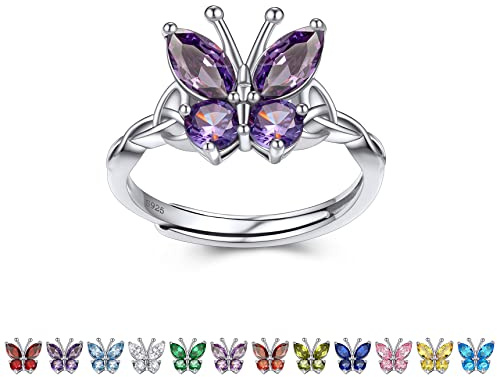 Bestyle Schmetterling Ring 925 Sterling Silber, Damen Verstellbar Ringe Schmetterlings Schmuck mit Kristall Birthstone Butterfly Ring Geburtstags Geschenke für Mädchen Frauen Mutter