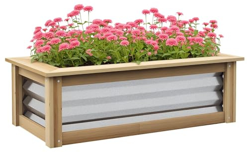 Outsunny Jardinière surélevée en métal avec Cadre en Bois, Parterre de légumes, Parterre d'herbes aromatiques pour Jardin, Balcon, Naturel, 90 x 45 x 30 cm