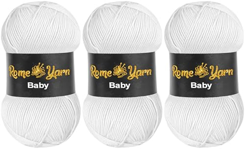 Baby Wolle | 3 × 100g | #3 DK Babygarn | 100% Antipilling Acryl | Weiche Babywolle zum Stricken & Häkeln - Uni Farbe (10 Weiß)