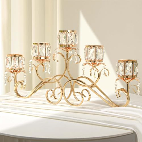 Kolnlala Großer eleganter Kerzenhalter mit 5 Armen, Kristallschale, Kerzenhalter/Kandelaber, Kristall-Votivkerzenhalter für Tischdekoration, Hochzeit/Party, Heimdekoration (Gold, 5-armig)