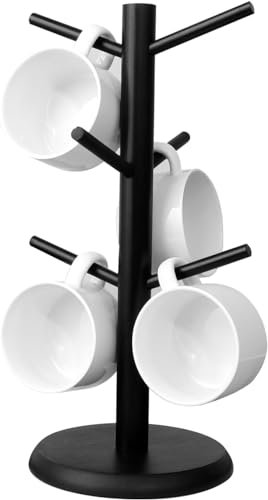 APOMOONS Coffee Mug Tree with 6 Hooks,Hanger Stand Mug Tree Black Bamboo Cup Holder Tree with Thickened Base,Coffee Cup Holder, Counter Cup Holder,Organizer Station (Black)
