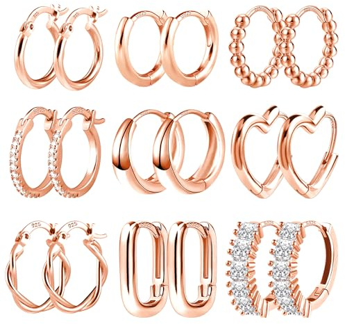 örhäng ALEXCRAFT Hoop rosé guld multipack för kvinnor och tjejars, fyrkantigt hjärta huggie hoop, hål piercing örhängen