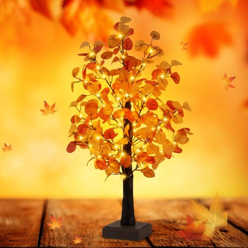 Herbst Deko Eukalyptus Blätter Baum Lichter,Herbst Dekoration LED Ahornblatt Baum Licht mit Herbstblätter für Tischdeko Herbstdeko Innen,50 LED Leuchten mit Timer,für Zuhause,Hochzeit (Eukalyptus)