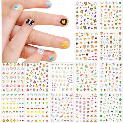 JMEOWIO Nagelsticker Niedliche Nagelsticker für Kinder Blume Tier 14 Blatt Nail Art Sticker Selbstklebend Nagelaufkleber Dekoration Nageldesign Zubehör