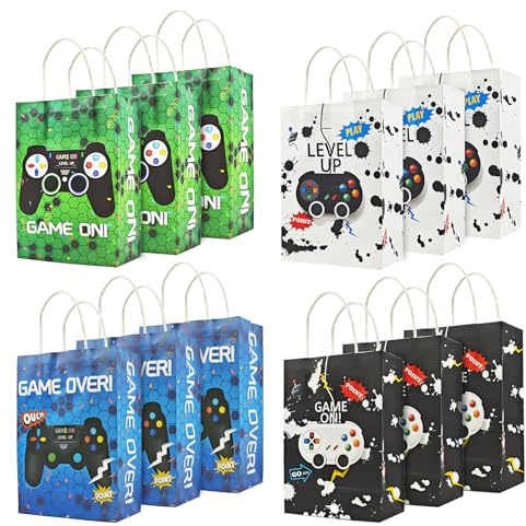 12 stycken presentpåsar för spel, barnfödelsedag, festpresenter, påsar med bärbyglar, spelpapper partypåsar, 4 mönster party presentpresentset, presentpåsar för barn, fester (15 × 8 × 21 cm)