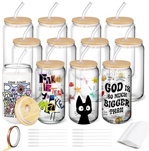 Cafultgo Blanks de Sublimation, Gobelets à Sublimation 16OZ (473ml) - Lot de 12 Gobelets en Verre pour Sublimation avec Couvercle Supports pour Boissons Glacées : Café, Jus, Sodas