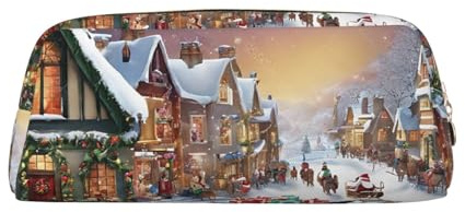 ASPOIJHN Christmas Village Vielseitiges Leder-Federmäppchen, stilvolle Aufbewahrungstasche für Schule, Büro, Schreibwaren, Kosmetiktasche, Münzen-Organizer, gold, Einheitsgröße, Krawattenetui