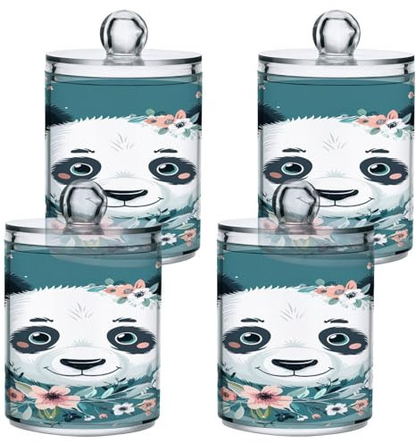 SKYSHU Panda Lot de 4 bocaux hermétiques en plastique transparent pour thé, sucre, 420 ml, distributeur Qtip avec couvercle, boîte de rangement transparente pour boules de coton, cotons-tiges
