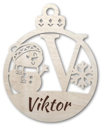Urhome Weihnachtskugel personalisiert mit Wunschtext Gravur Buchstabe V mit Schneeman Motiv Hell Braun - Ornament Christbaumschmuck Weihnachtsdeko Weihnachtsbaum Anhänger aus 6,5mm Holz