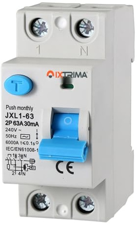 IXTRIMA Disjoncteur Différentiel Pur 63 A 2 Pôles 2P 220 V 6 kA 30 mA 2 Modules DIN, RCCB C63