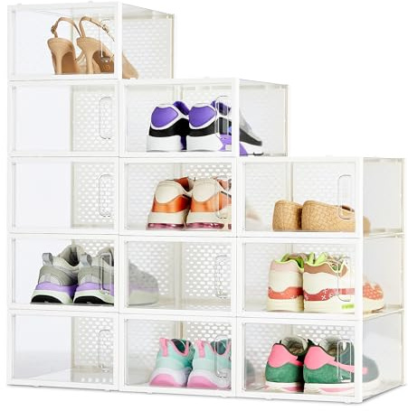 Amazon Basics Schuhaufbewahrungsbox, stapelbar und faltbar, mittelgroß, 12 Stück, Transparent