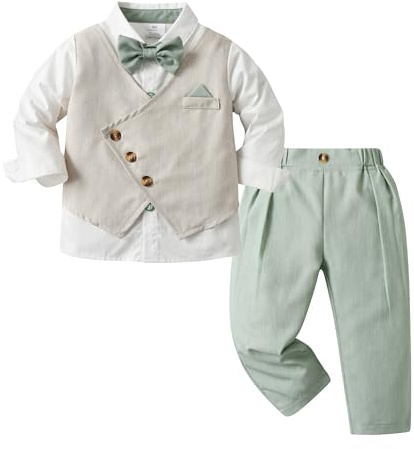 Volunboy Completo Elegante Bambino Camicie + Papillon + Gilet + Pantaloni, Ragazzo Abbigliamento 4 Pezzi Gentleman Cerimonia Nozze(18-24 Mesi,Verde Chiaro,Taglia 90)