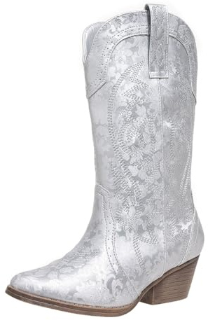 Bottes de cowboy pour femme - Bottes de cowgirl mi-mollet brodées - Bout pointu - Bottes western à talons épais - Bottes de veau larges, Argenté, 38 EU