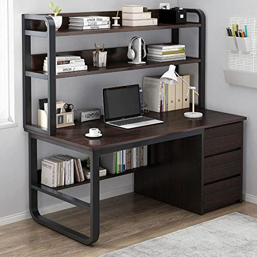 Bureau d'ordinateur moderne avec 3 tiroirs - Table d'écriture industrielle pour bureau à domicile - 119 cm - Noyer noir