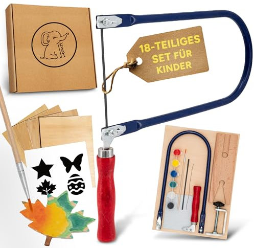 Eli® Laubsäge für Kinder - Komplett Set für Laubsägen inkl kreative Vorlagen - Laubsägeplatten - Farben - Pinsel - Schleifpapier - Holz - Geschenkidee Junge und Mädchen
