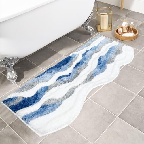 Homantic Rutschfester Blauer Badteppich mit Wellenmuster 50x120cm | Maritimer Badteppich, niedlich, weich, maschinenwaschbar, saugstark. Passend für Waschbecken, Dusche, Schlaf- und Wohnzimmer