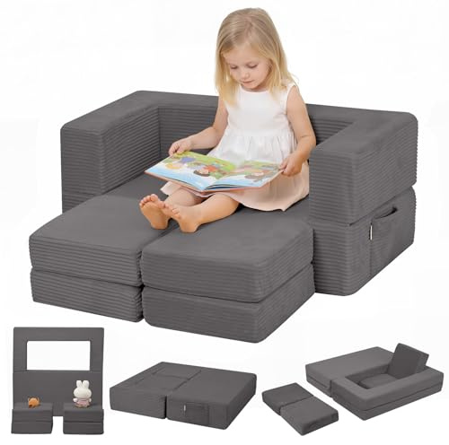 MeMoreCool Cord Kindersofa, ausklappbare Schaumstoff Mini Couch, Anthrazit | Modulares Sofa für Kinder mit weicher Schaumstoffpolsterung, geeignet für Kinderzimmer und Schlafzimmer