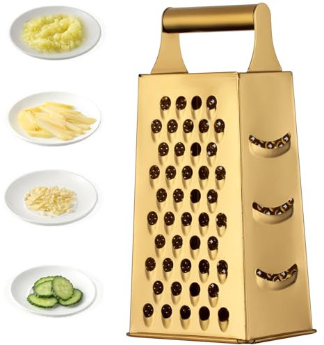 Large Cheese Grater Vegetable Slicer Stainless Steel with 4 Sides, 9.2 Inches Multifunctional Cutter Planing for Ginger, Garlic, Cucumbers, Carrots, Cheese, Potato, graters for Kitchen (Gold)