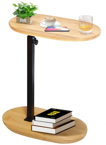 Beistelltisch C Form Höhenverstellbar Kleiner Tisch Bambusholz und Metall Couchtisch Sofatisch Kaffeetisch Side Table Sofa Table Betttisch für Wohnzimmer Bad Bett Sofa und Kaffee