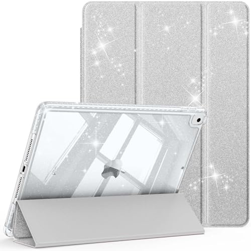Fintie Funda Purpurina para iPad de 10,2 Pulgadas de 9/8/7 Generación | (Modelo 2021/2020/2019) - Carcasa transparente con soporte para bolígrafo, resistente a los golpes, Plateado
