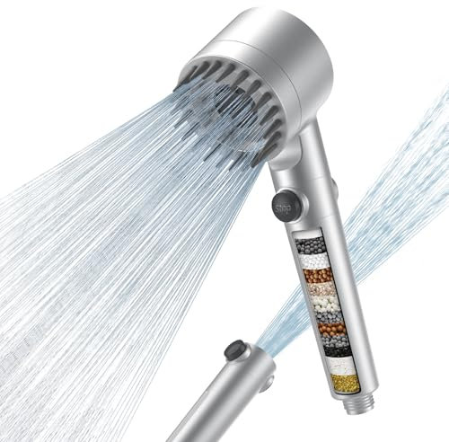 MEKO Duschkopf mit Filter in 15 Schichten, Hochdruck Handbrause mit 1,5 M Schlauch, 3+1 Strahlarten, Shower Head für Entfernen vom harten Wasser, Rest-Chlor, Bakterien und Schwermetall, Silber