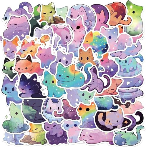 50 Pcs Cartoon Rainbow Starry Sky Cat Stickers - Cute Aesthetic Waterproof Vinyl for Water Bottle, Laptop, Phone, Skateboard - for Teens, Girls, Kids and Women(Starry Sky cat)